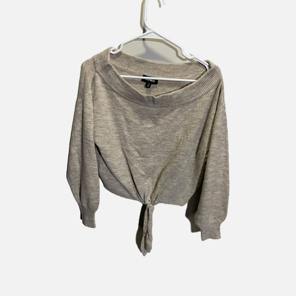 Express Womens Oatmeal Heather Off The Shoulder Tie‎ Front Crop Sweater XS 02052